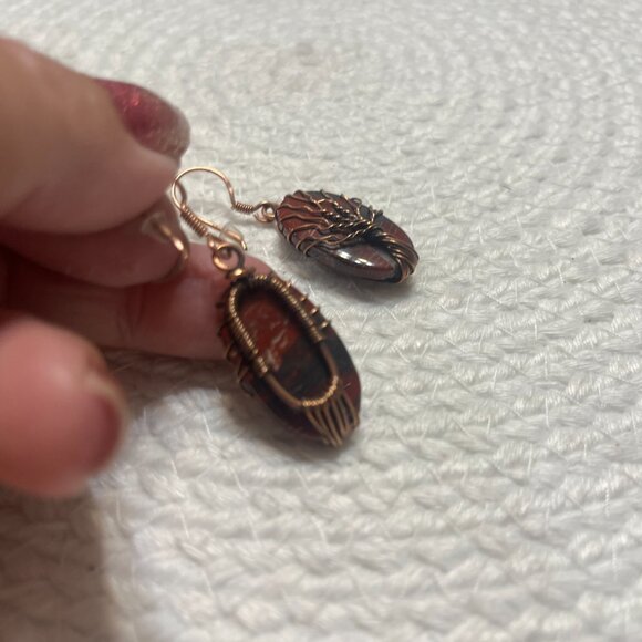 Rustic RED RAINBOW JASPER COPPER WIRE-WRAPPED TREE Handmade Earrings #674D - Picture 2 of 4